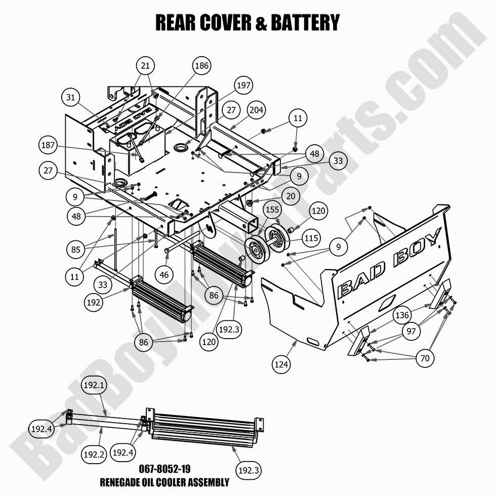 2628 - Bad Boy Mower Parts Lookup > 2021 > Renegade - Gas > Rear Cover & Battery